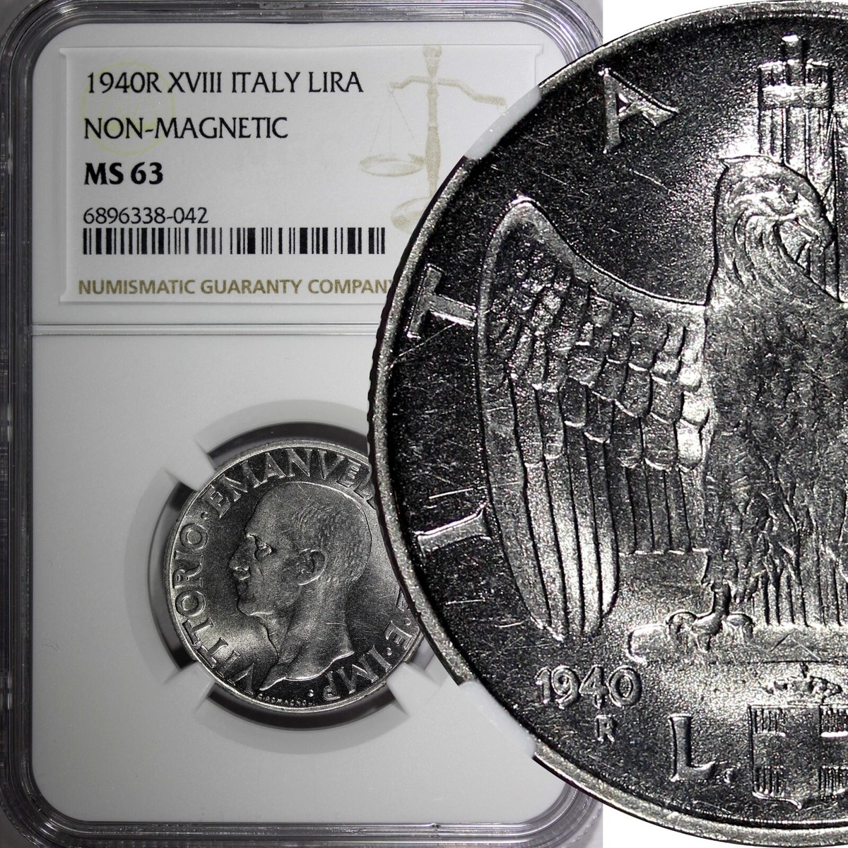 Italy Vittorio Emanuele 1940 R XVIII 1 Lira WWII Issue NGC MS63 KM