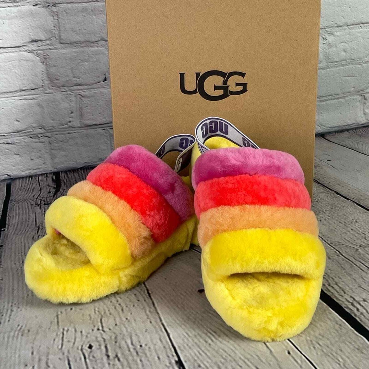 NEW” UGG Fluff Yeah Pride Rainbow Yellow Slides! Size 5 | eBay