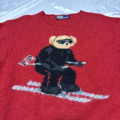 Polo Ralph Lauren Knit Sweater Red Polo Bear Ski Men Size M