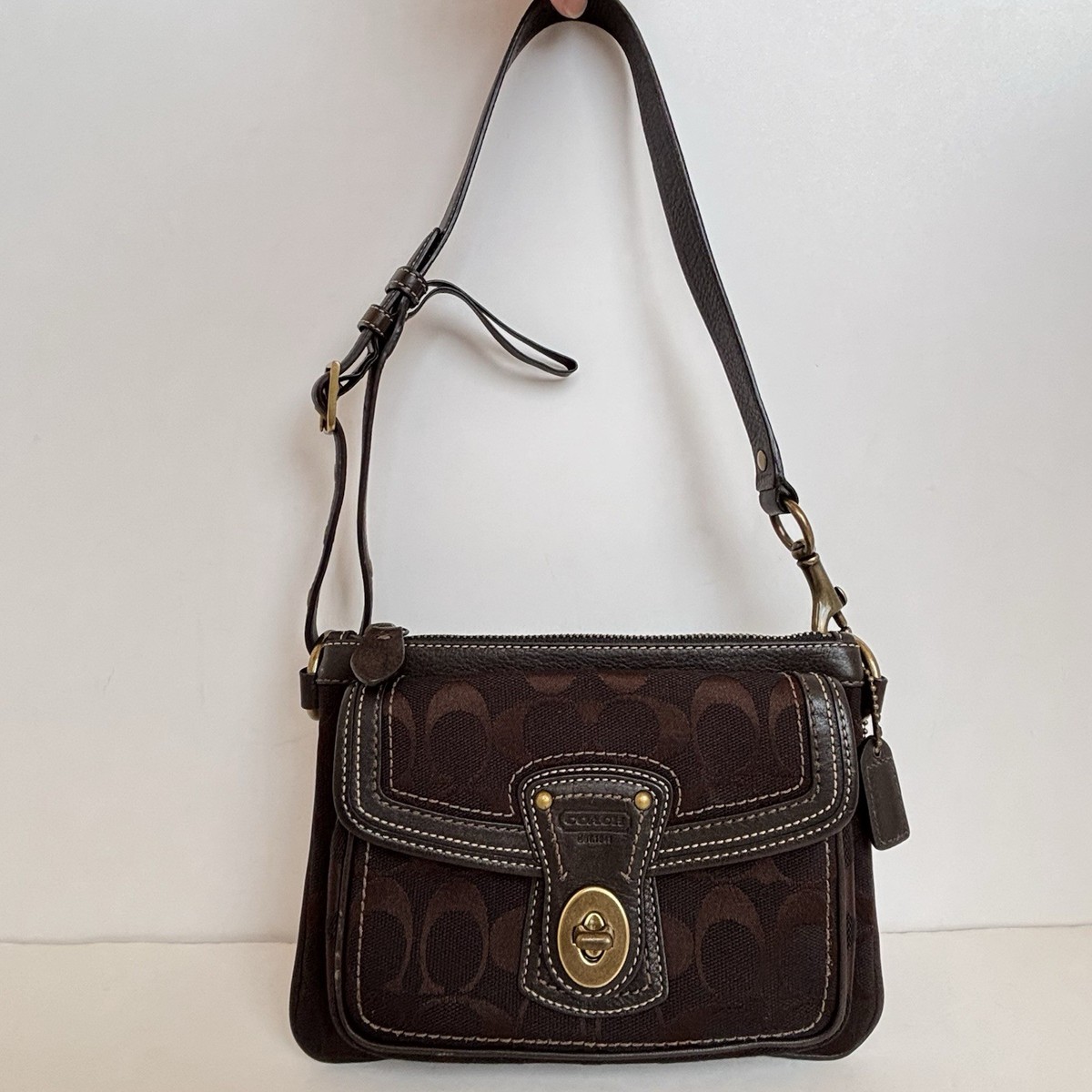 Coach Legacy Brown Signature Canvas Striped Zipper Turn Lock Mini