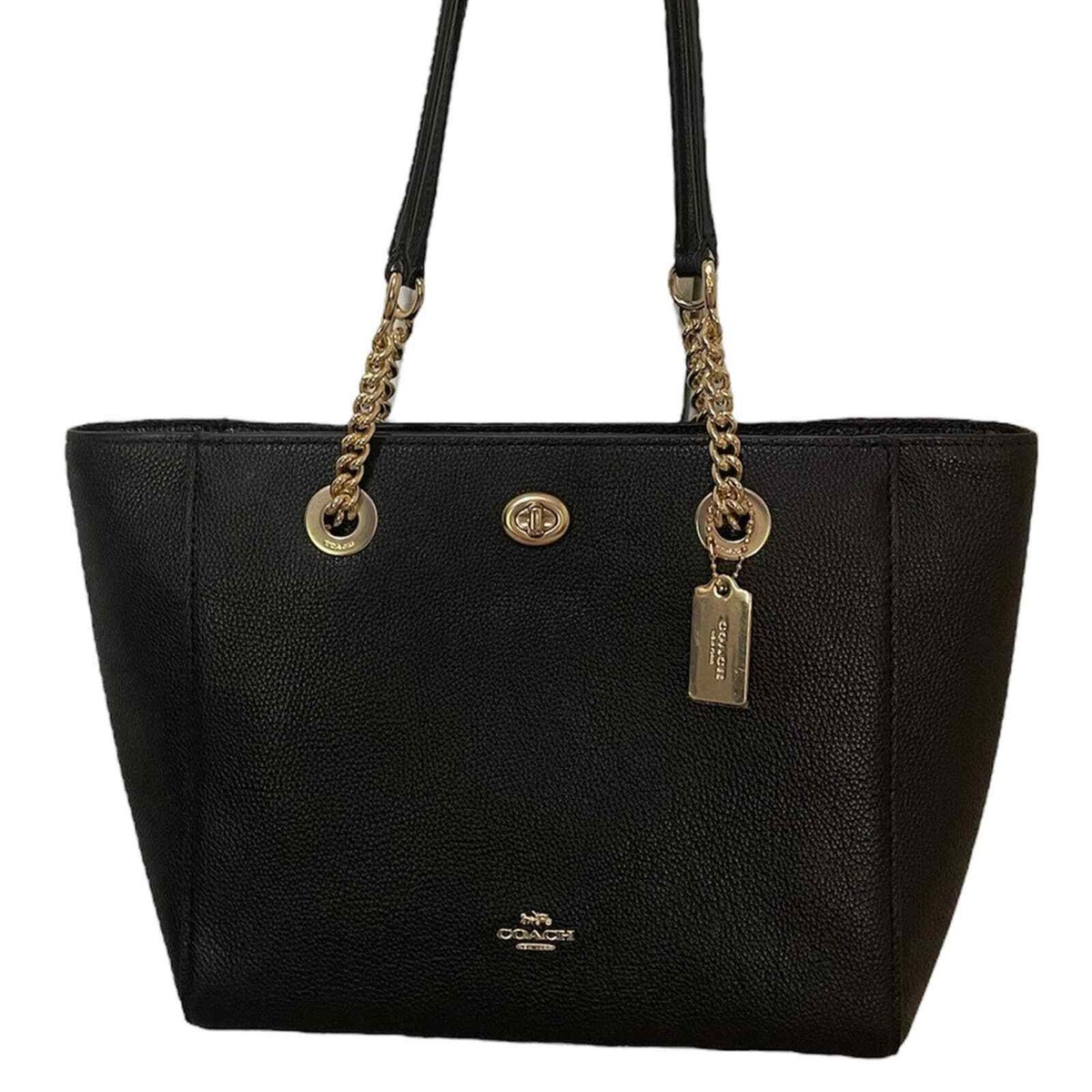 Coach | Authentic Black and Gold Pebbled Leather Turnlock Chain