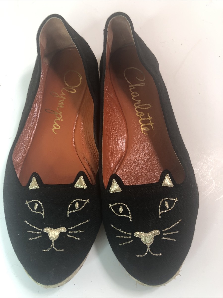 Charlotte Olympia Kitty Cat Flats Loafers Shoes Black gold