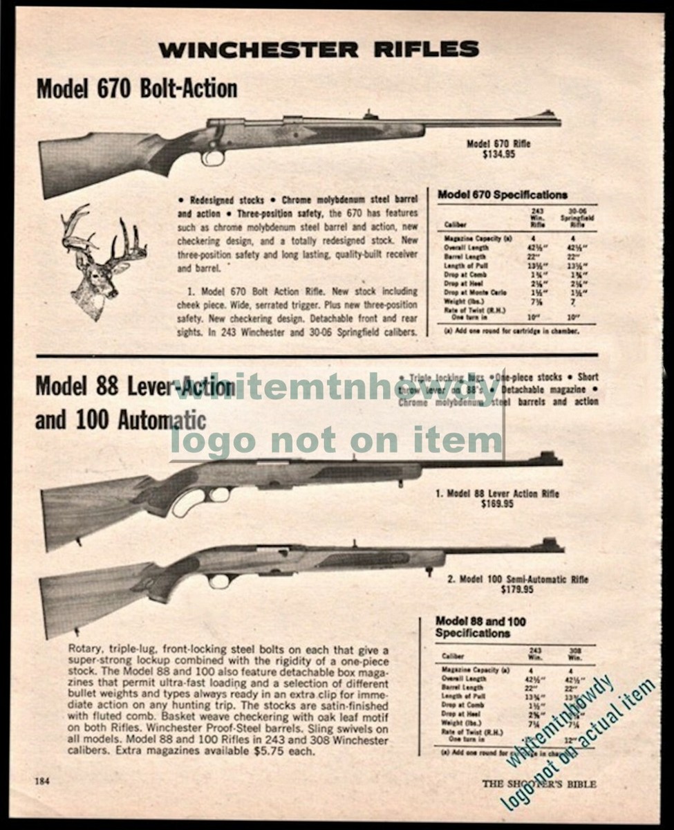 1974 WINCHESTER 670 Bolt Action 88 Lever 100 Auto Rifle AD w/specs