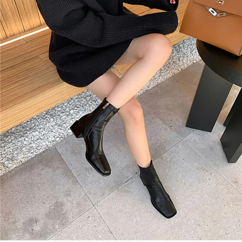 Women Ankle Boots Zippers Square Toe Fashion Low Heel Comfort