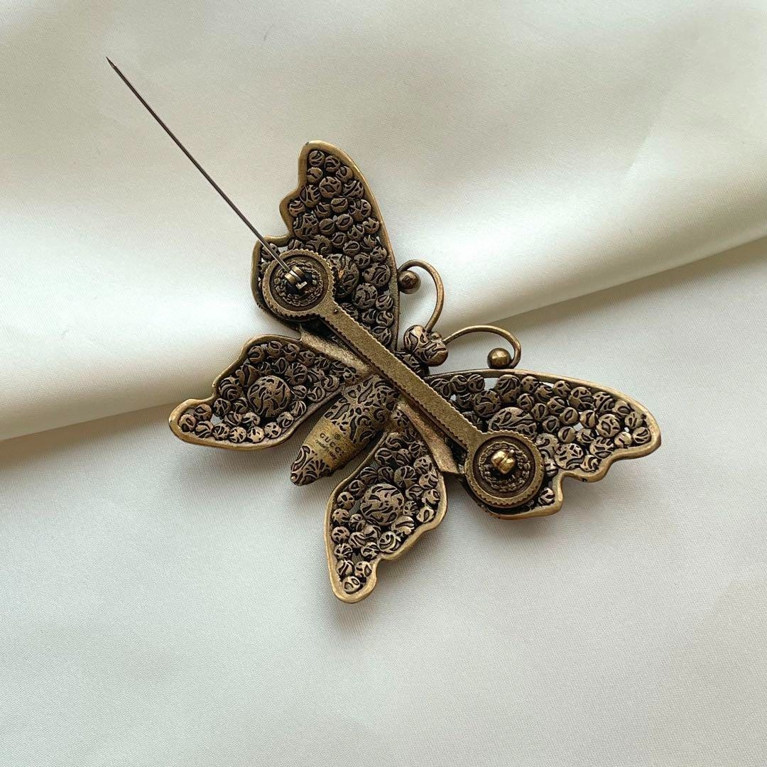 Gucci Butterfly Crystal Brooch Multicolor Antique Gold Made in