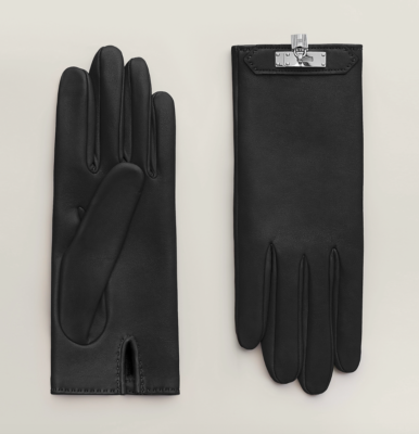 Hermes Black Leather Soya Gloves with Kelly Buckle and Silk