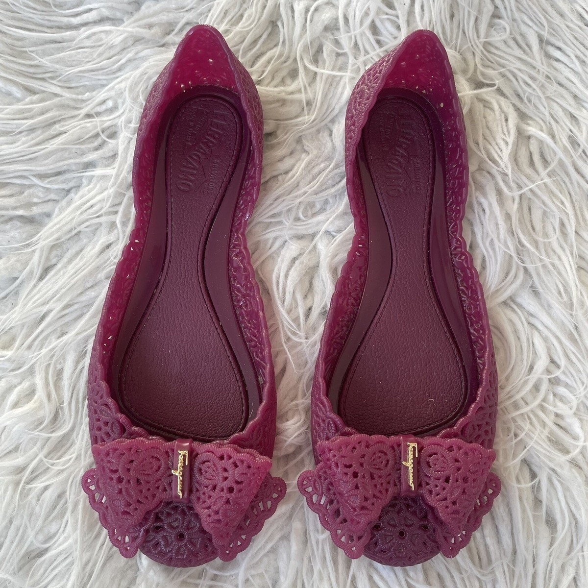Salvatore Ferragamo Maroon Purple Nilly Jelly Laser Cut Bow Ballet