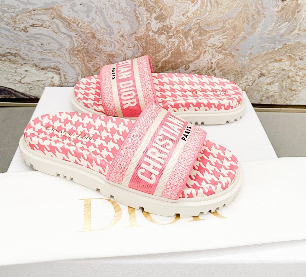 Christian Dior Canvas Houndstooth Embroidered Dway Slide Sandals