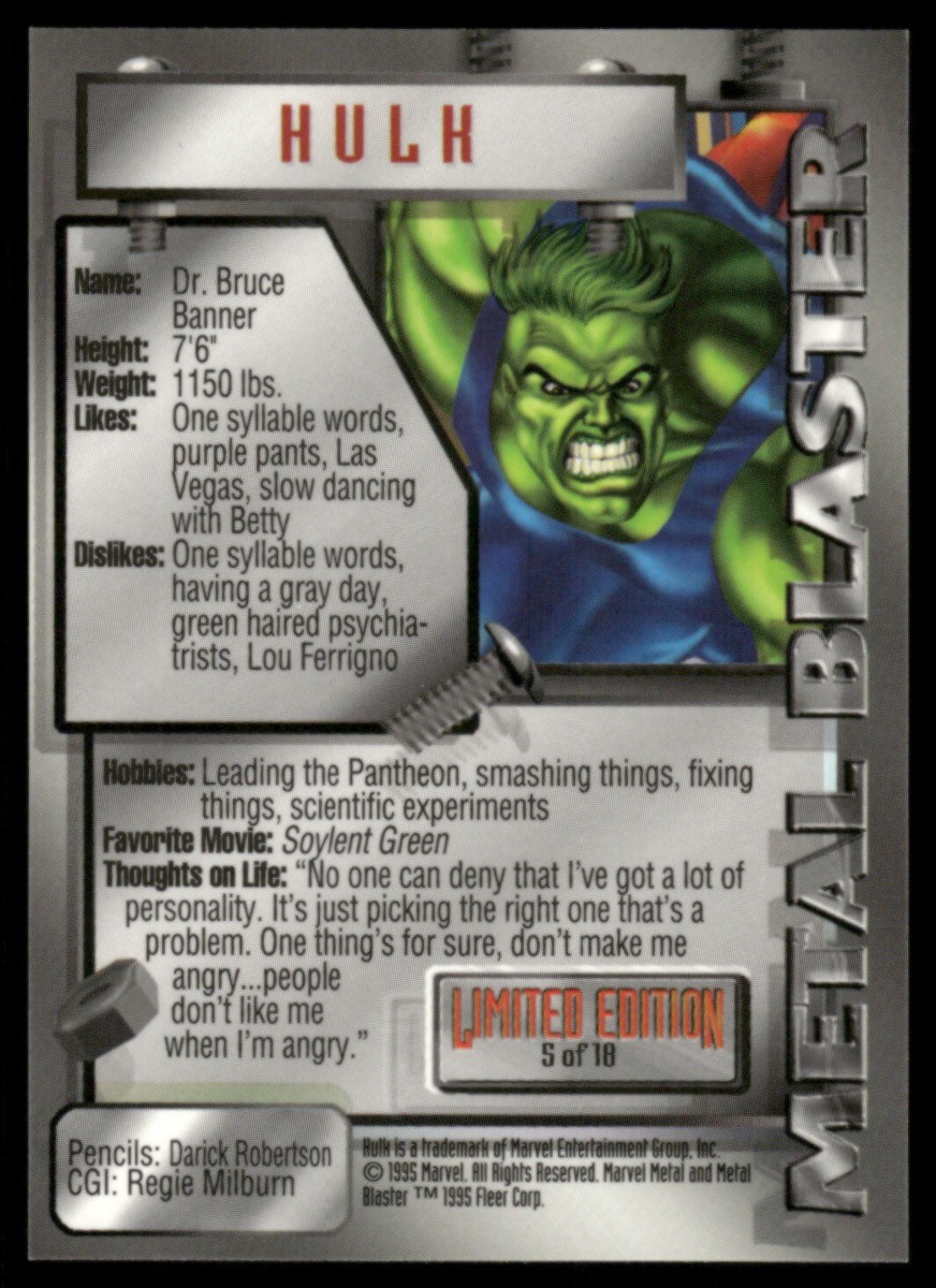 1995 Fleer Marvel Metal Blaster #5 Hulk | eBay
