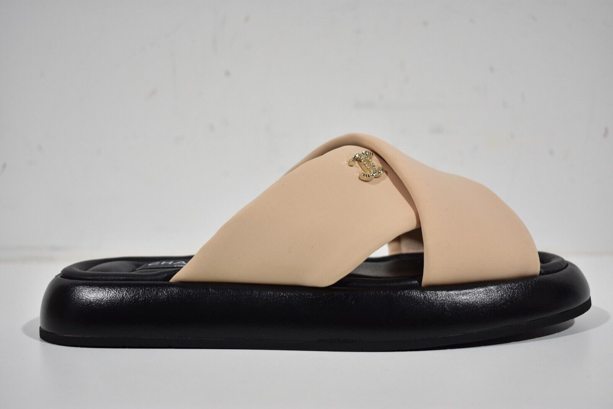 Chanel Beige Black Fabric Criss Cross Puffy CC Logo Slide Mule