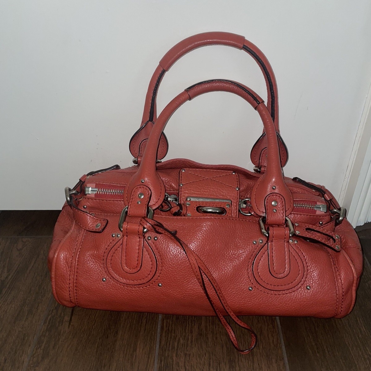 Chloe Paddington Hand Shoulder Bag Red orange Leather Silver