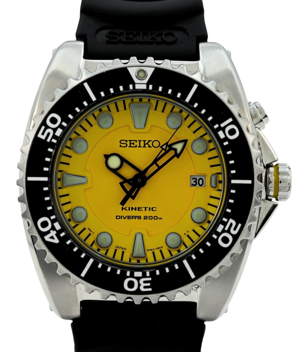 Seiko 44mm Men's 5M62-0BL0 Kinetic Diver RARE Yellow Dial Watch