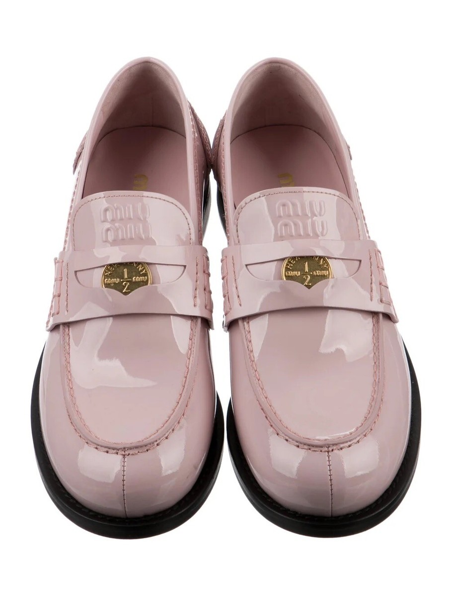 New In Box! MIU MIU Patent Leather Loafers Light Pink Size: 6.5 US