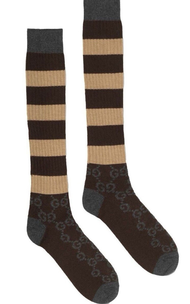 Authentic Men's Gucci Brown Beige Wool GG Logo Striped Socks