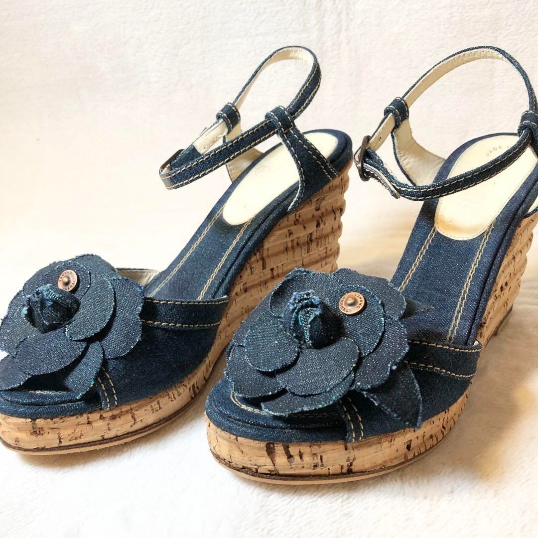 CHANEL Camellia Denim Wedge Sandals Cork Heel Blue Ankle Strap