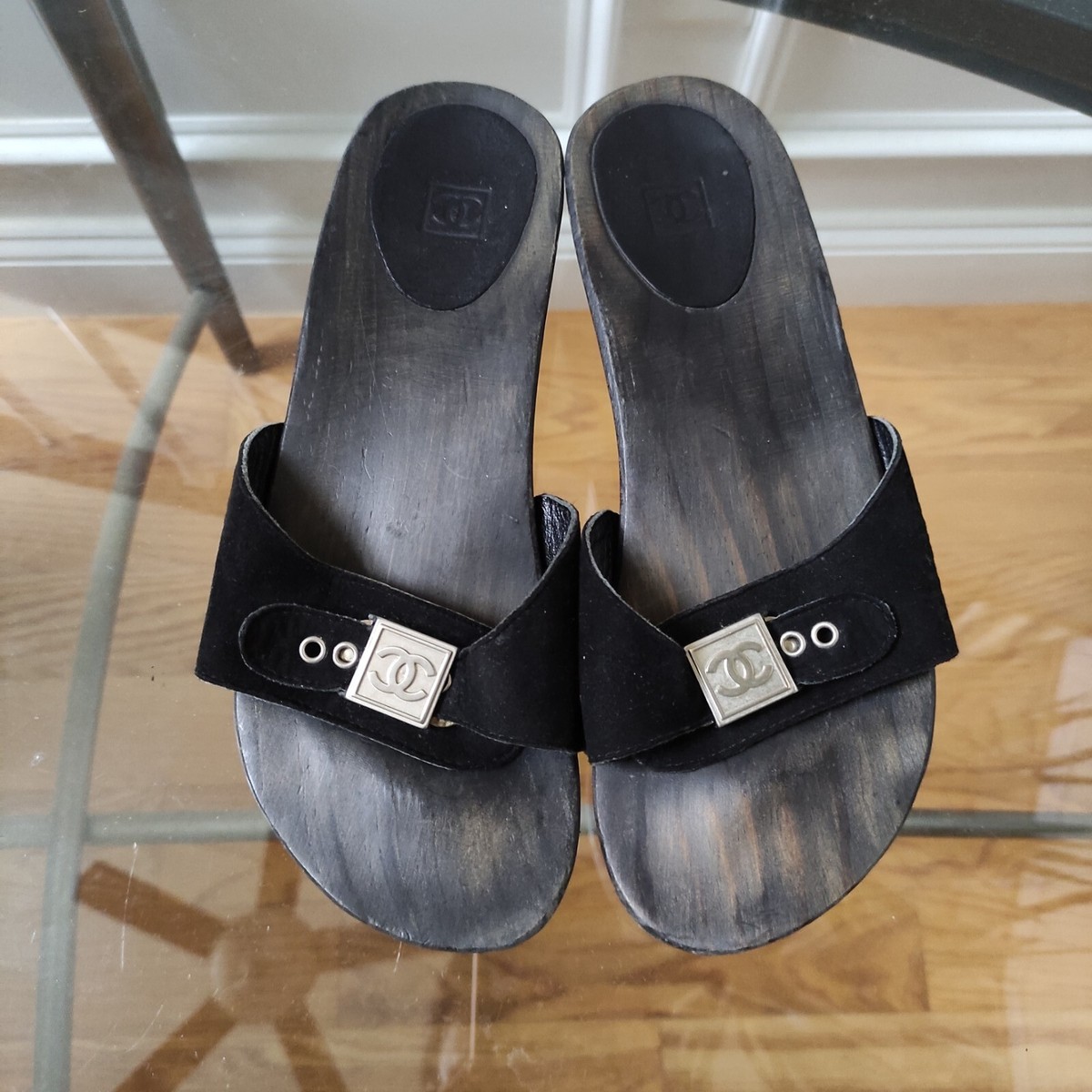 CHANEL Interlocking CC Logo Suede Slide Wood Clog Mule sandals 39