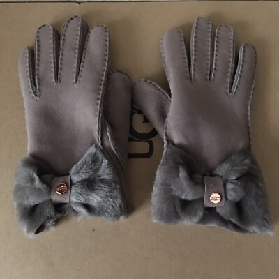 UGG BOW SHORTY STORMY GREY SUEDE SHEEPSKIN WINTER GLOVES SIZE M