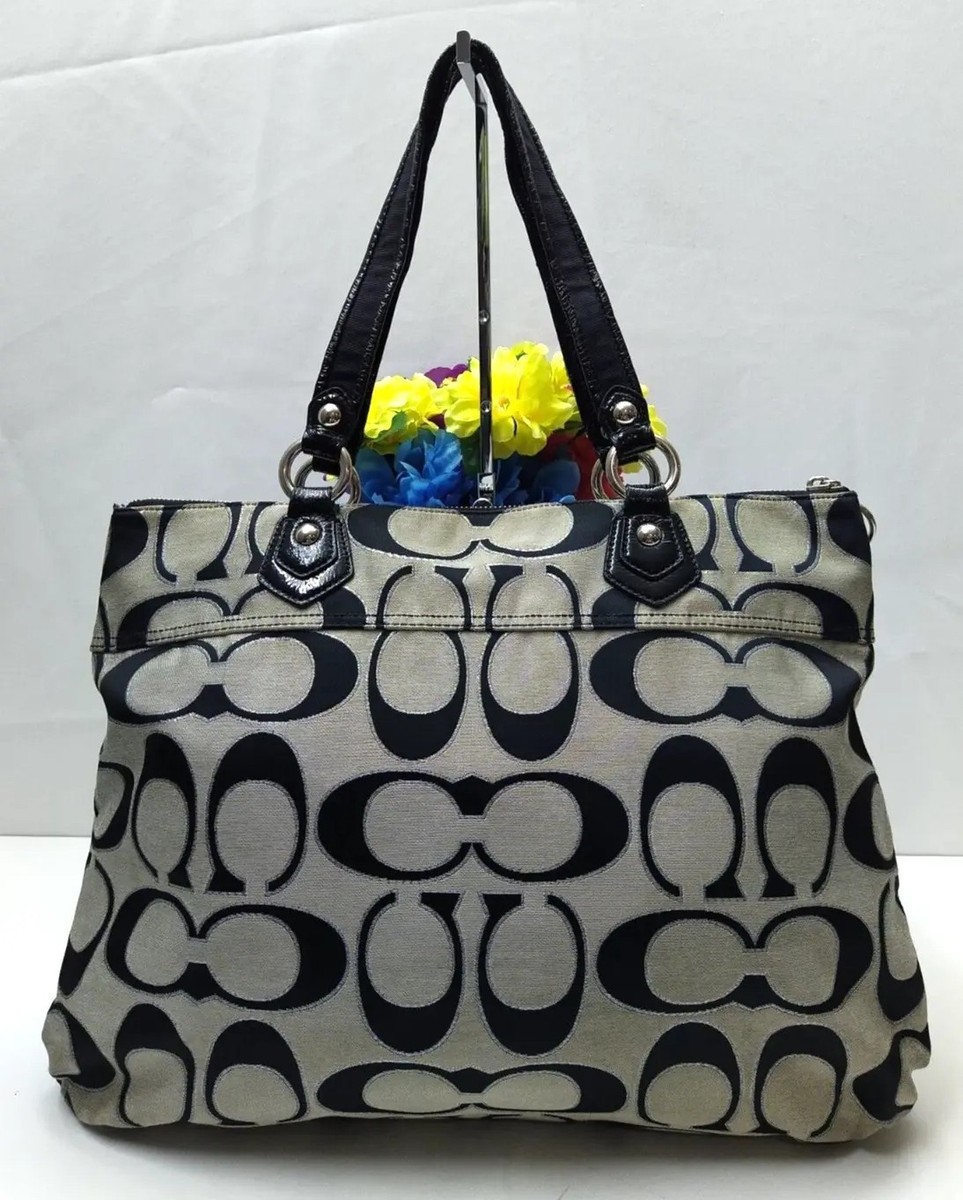 Coach Poppy Signature Black Gray Canvas Zipper Closure Tote