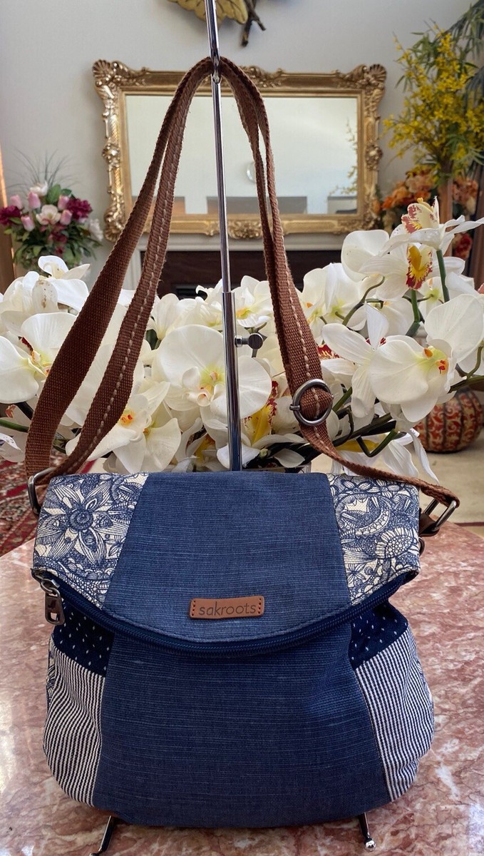 New SAKROOTS Blue Floral Canvas Brown Leather Fold-over Crossbody