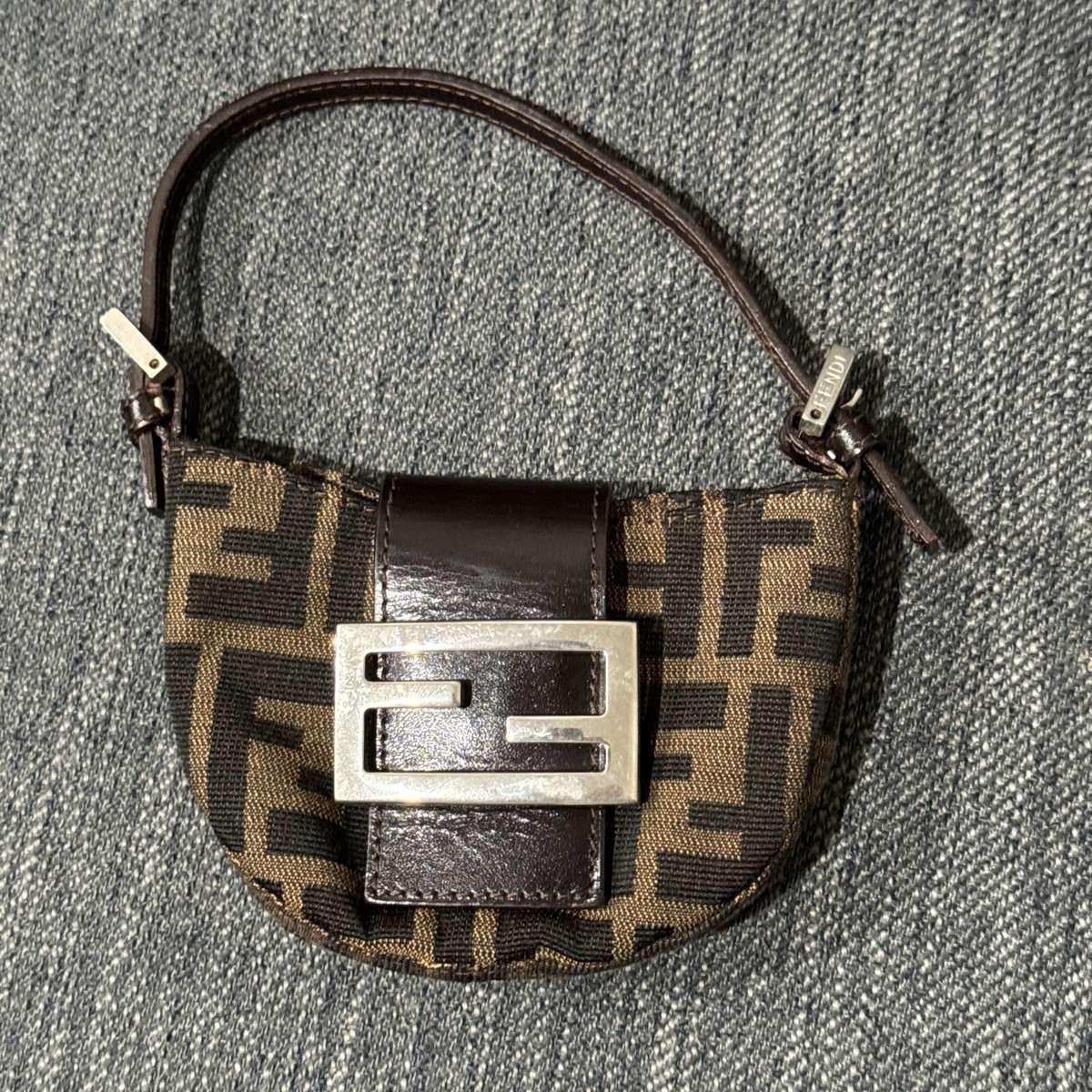 VINTAGE FENDI ZUCCA BROWN FF LOGO CANVAS LEATHER MINI PURSE BAG