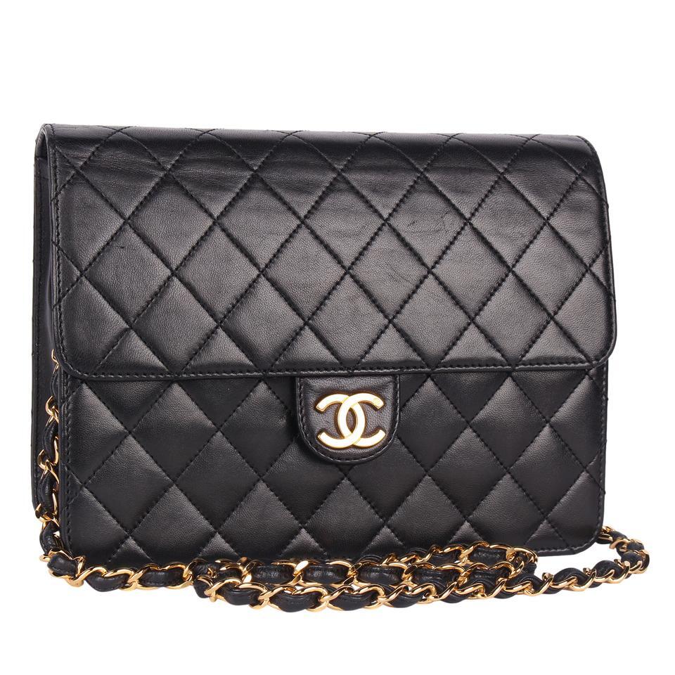 Chanel Vintage Classic Front Flap Snap Leather Shoulder Bag Black