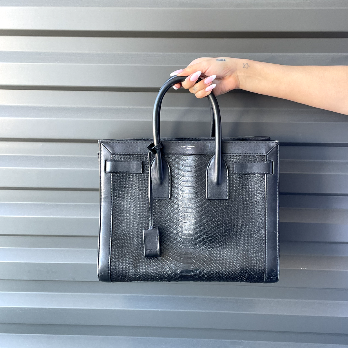 SAINT LAURENT Black Python Embossed Leather Small 'Sac De Jour