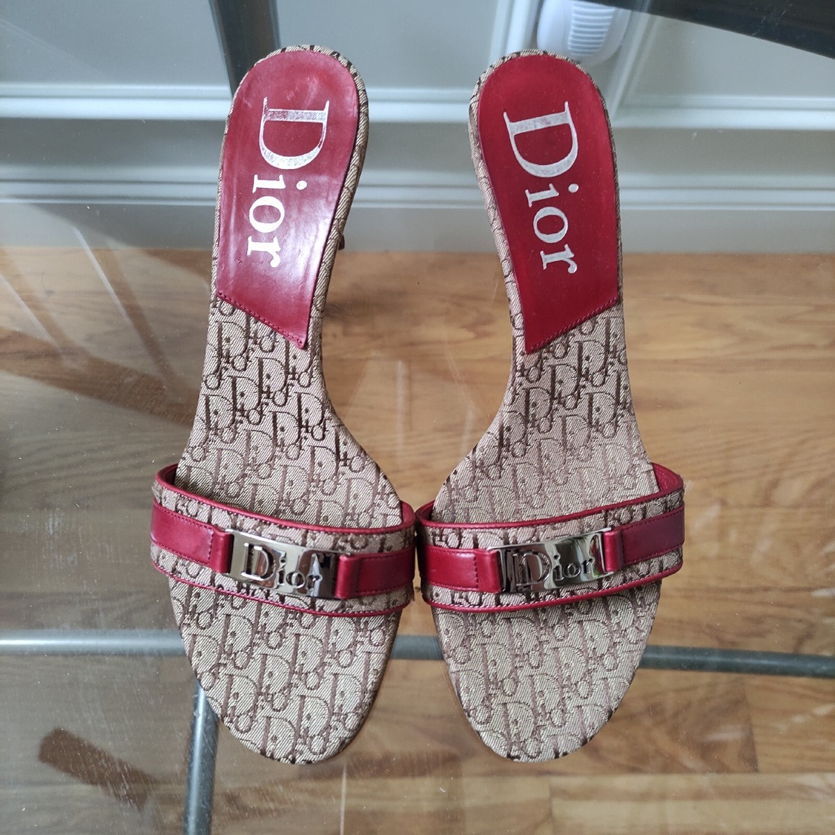 Vintage Dior Monogram Gold Logo Plate Slide Heeled Sandals women's