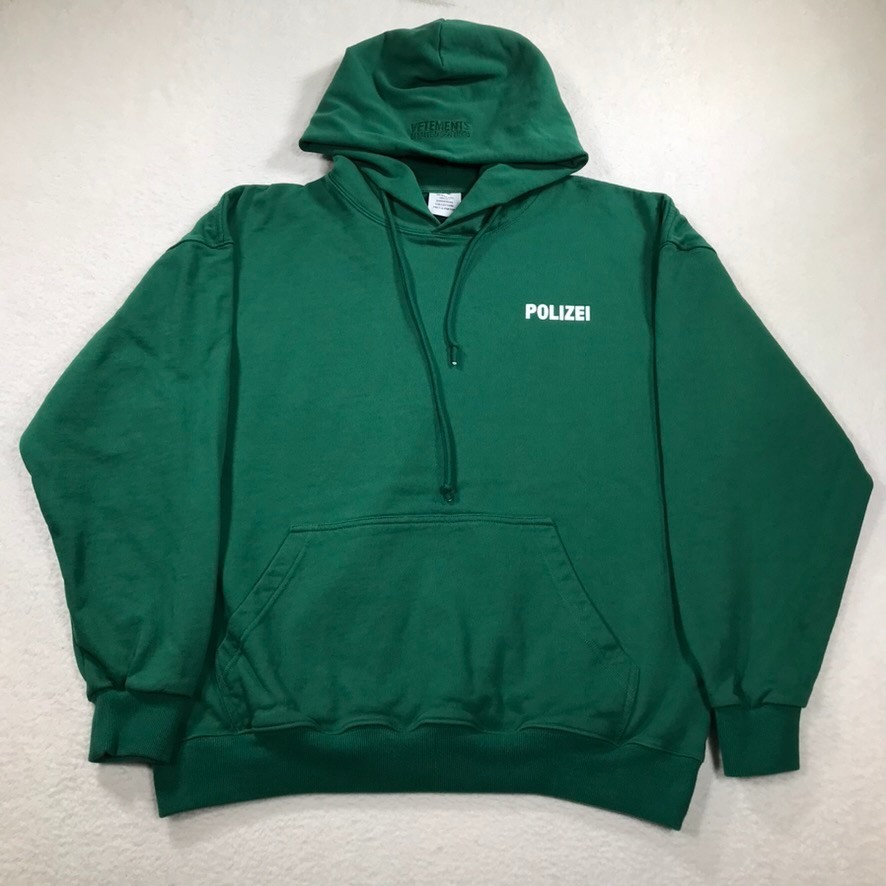 VETEMENTS Hoodie Sweatshirt Mens Large Green HeavyWeight POLIZEI