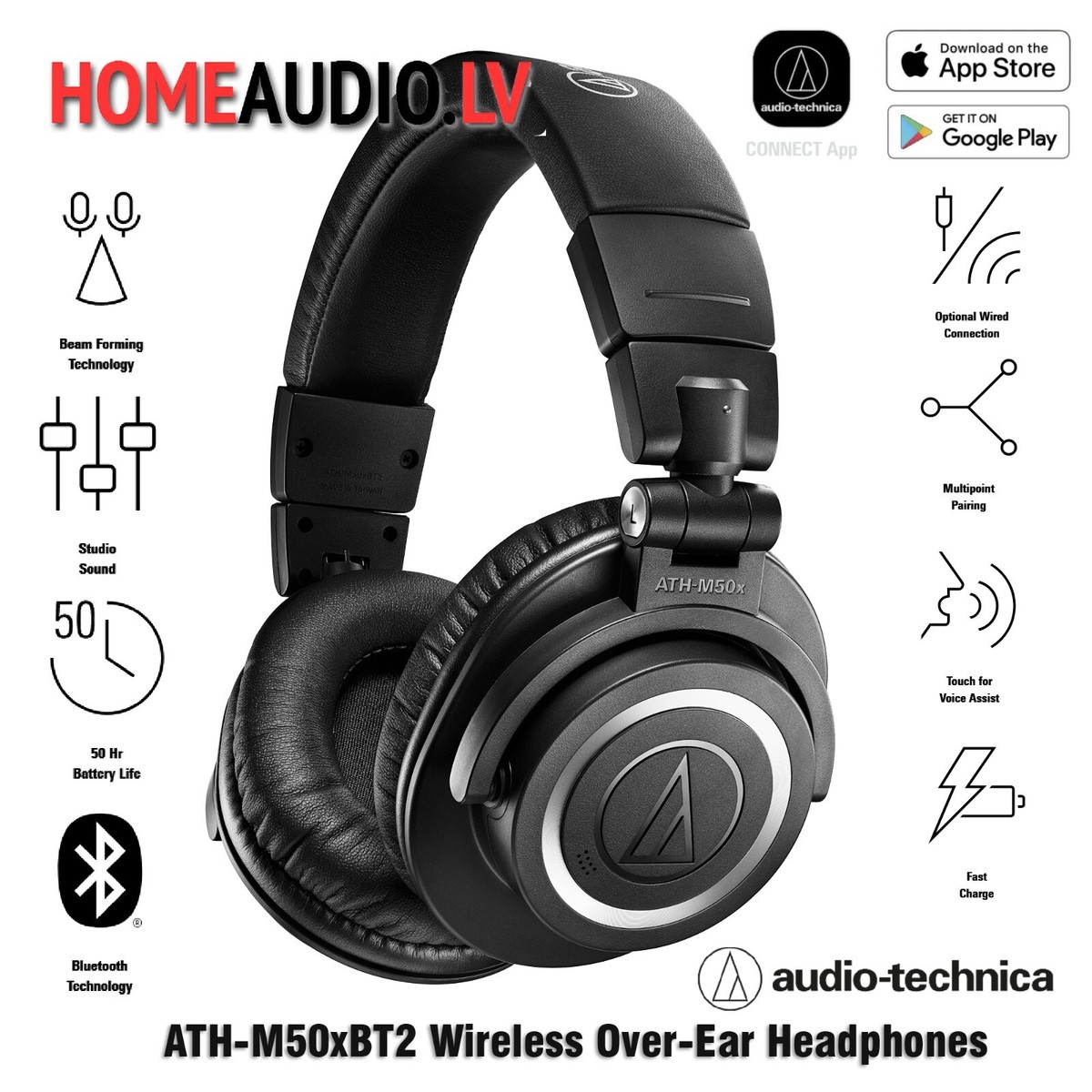 Audio-Technica ATH-M50xBT2 Bluetooth Over-Ear Headphones; Black