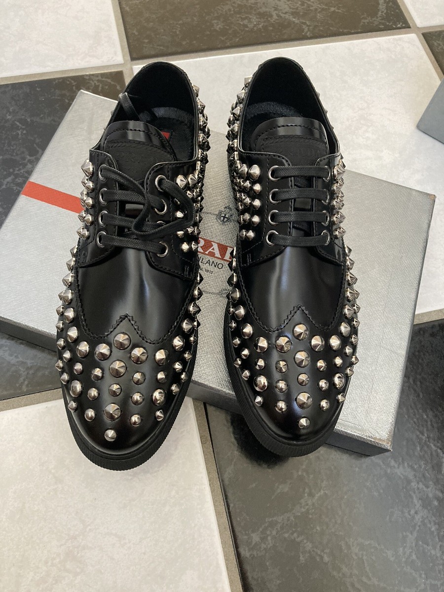 NIB 100% AUTH Prada Studded Wingtip Lace Up Sporty Oxford Shoes