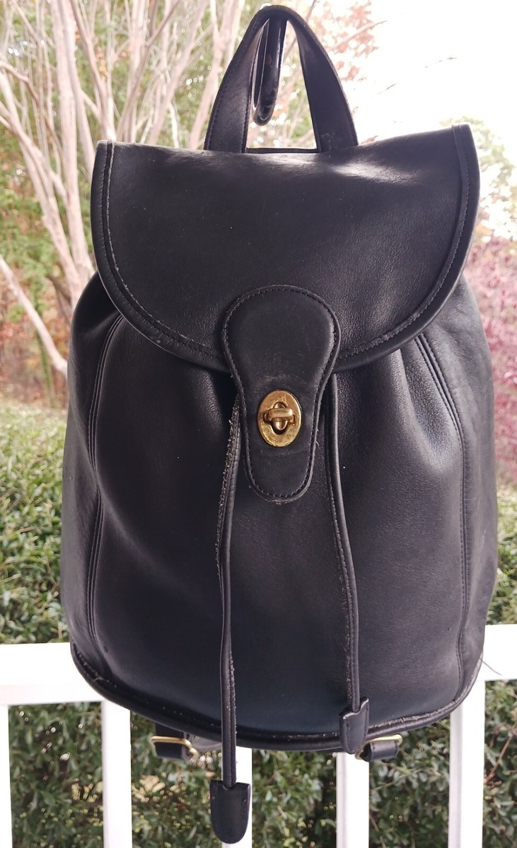 Coach 9943 LARGE Vintage Black Leather Drawstring Backpack w/Turn
