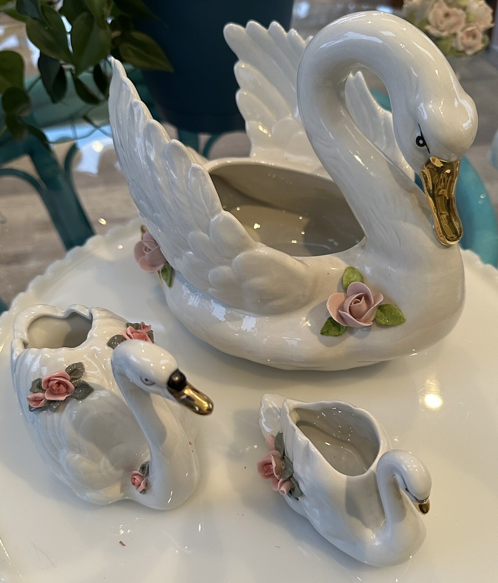 Vintage Dresden Porcelain Swans 3PC White & Gold w/ Roses Large
