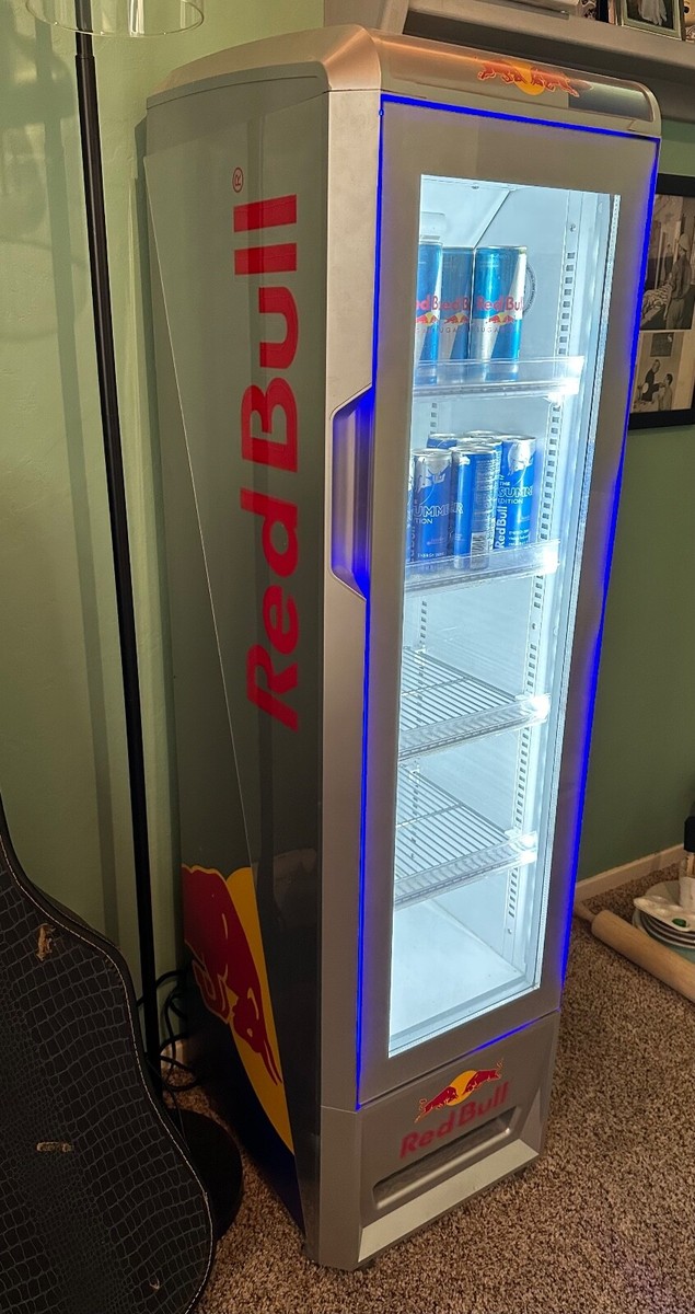 Near Mint Red Bull Energy Refrigerator Glass Door Bar Slim Mini