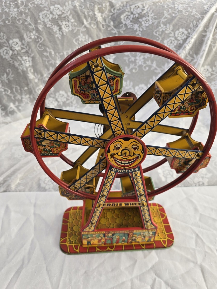 Vtg J.CHEIN HERCULES FERRIS Mechanical WHEEL Wind Up Litho Tin Toy
