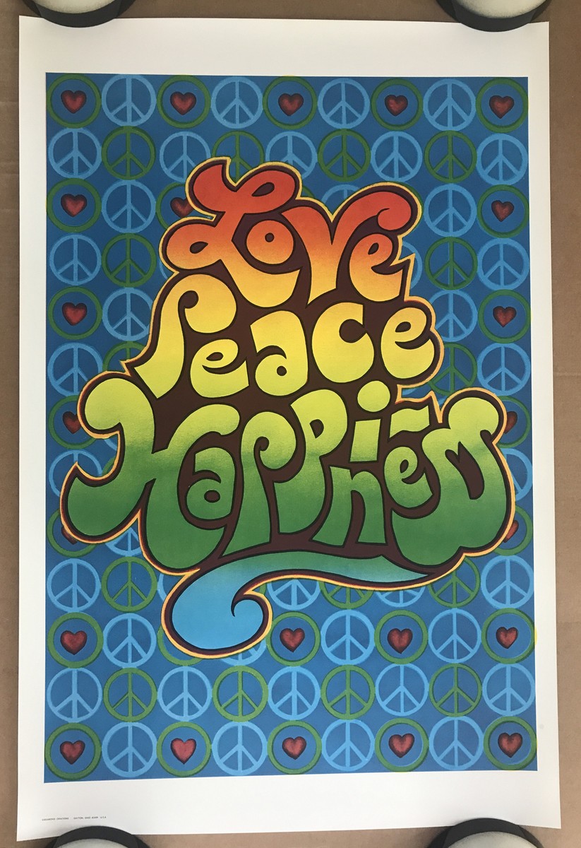 Vintage Original 1970s Love Peace And Happiness Poster Psychedelic