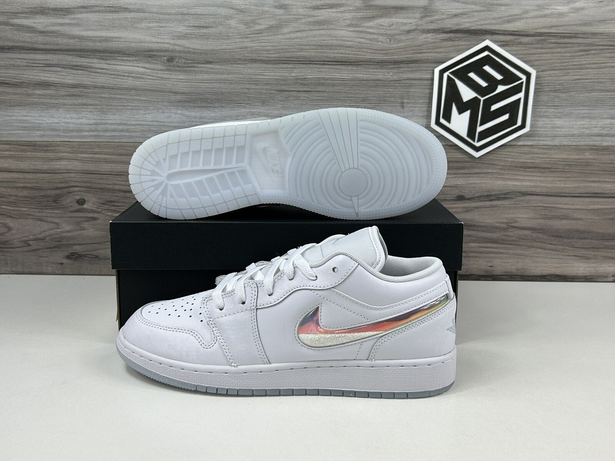 NEW GS Air Jordan 1 Low White Ice Blue Glitter Swoosh | Multi Size
