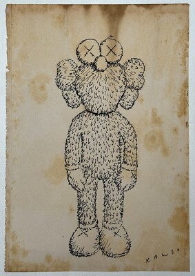 KAWS (Handmade) Drawing On old Paper Signed Mixed Media, Vtg Art