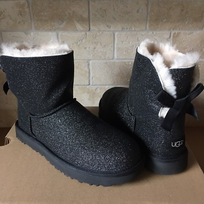 UGG MINI BAILEY BOW SPARKLE GLITTER BLACK BOOTS SIZE US 6 WOMENS