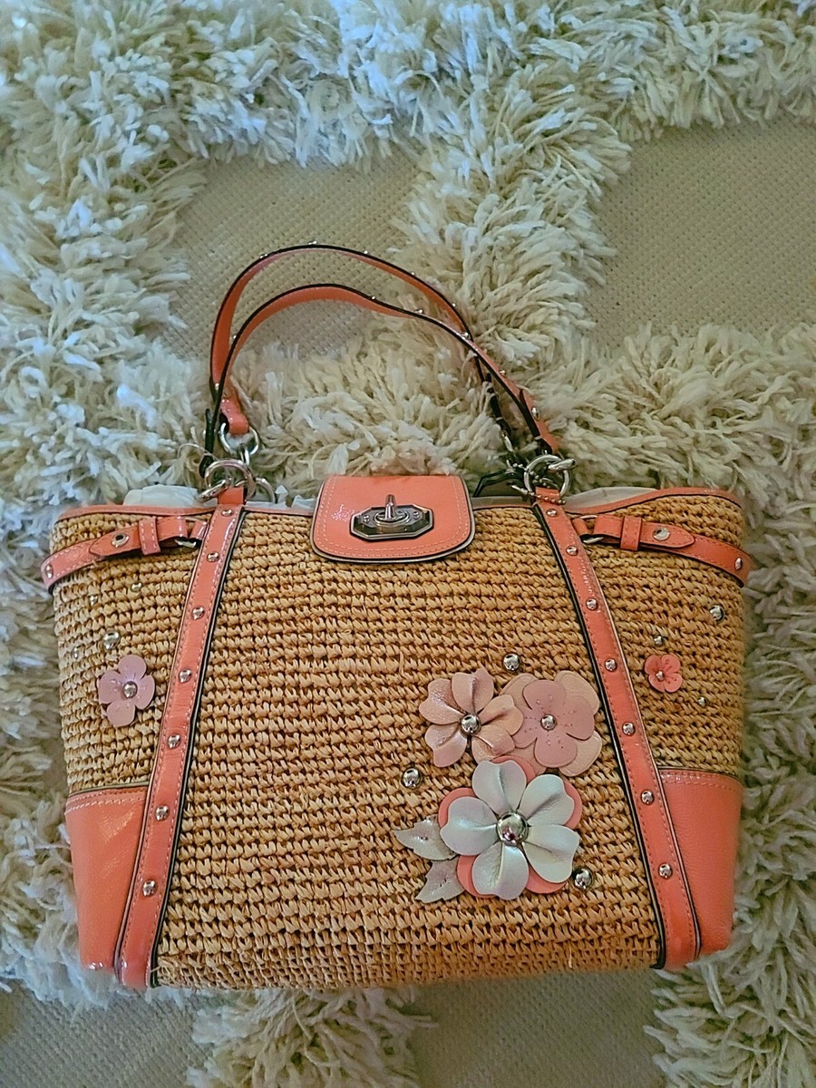 New COACH Large Straw Tote Bag Purse Limited Patent Leather Poppy