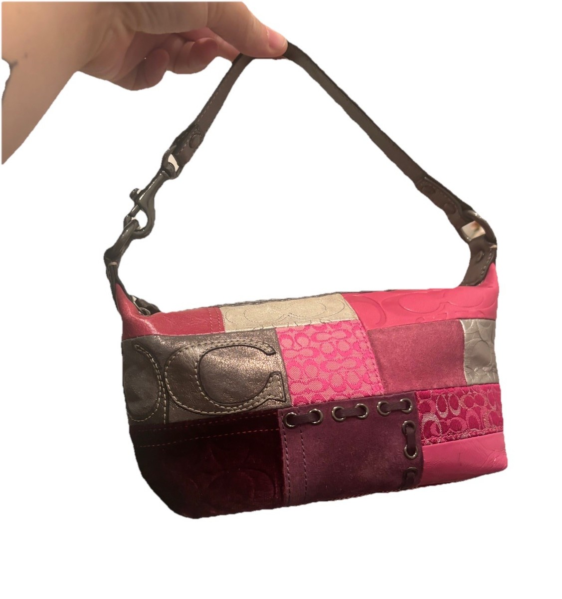 Coach Pink Patchwork Demi Baguette Shoulder Bag Small Mini Purse