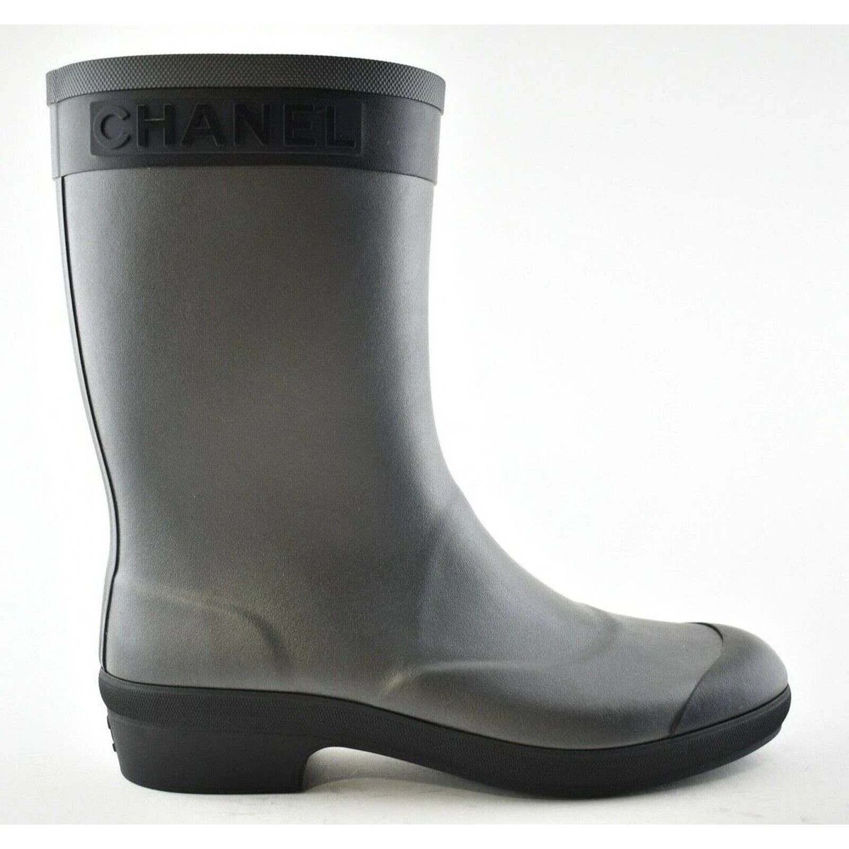 Chanel 19A Black Silver Grey CC Logo Short Mid Calf Pull On Rubber