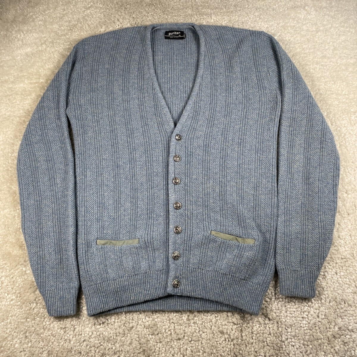 Vintage Puritan Cardigan Men XL Long Blue Sweater Metal Buttons