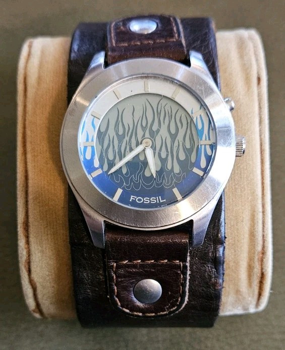 VTG Fossil Big Tic Blue Flame Watch Animated Leather Strap JR-8201