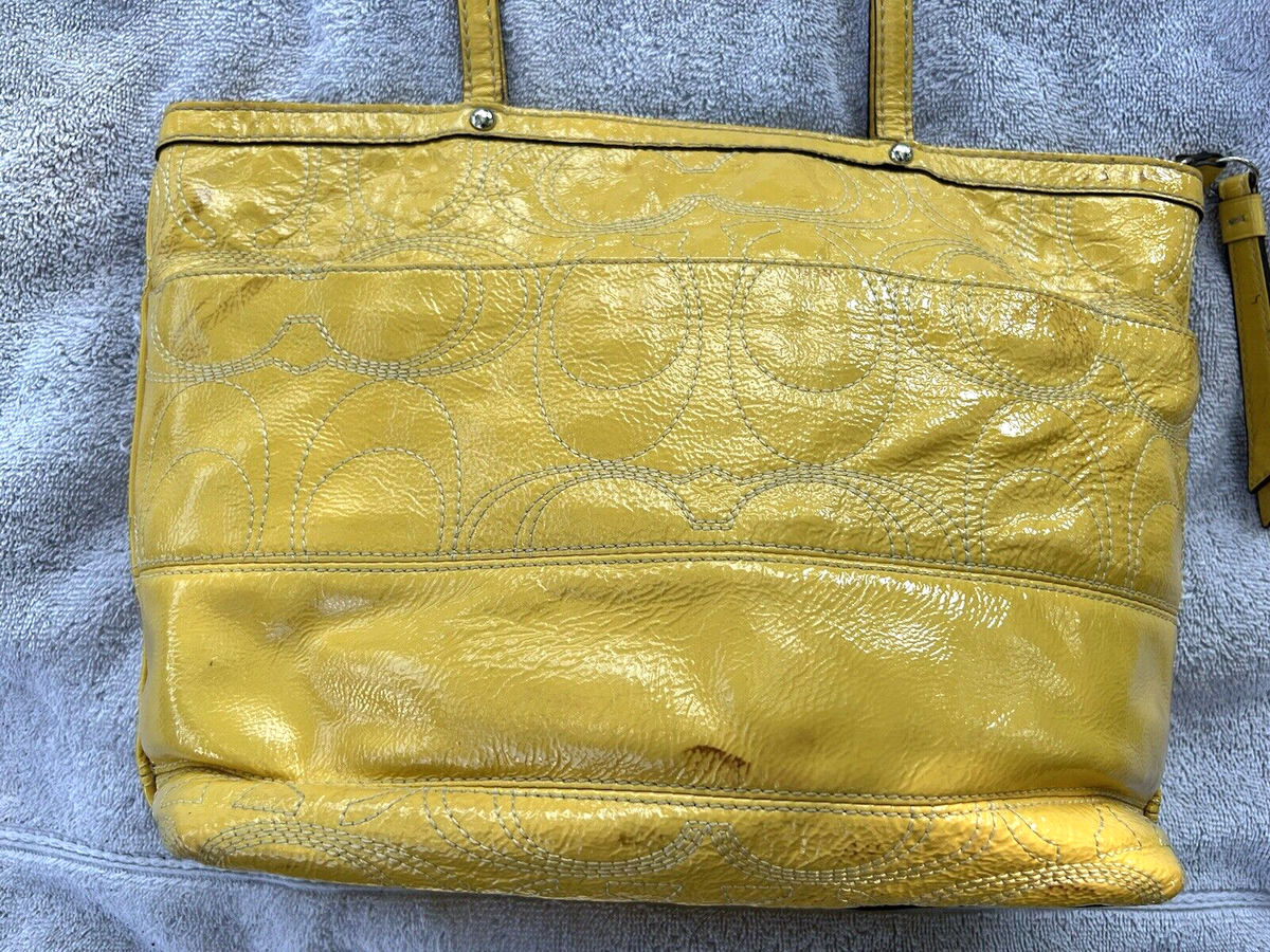Coach Signature F19198 Yellow Patent Leather Stitch Tote Bag