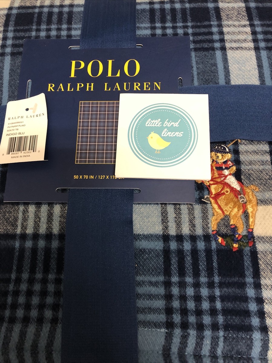 Ralph Lauren PUTNAM PLAID Indigo Blue Polo COTTON Throw Blanket