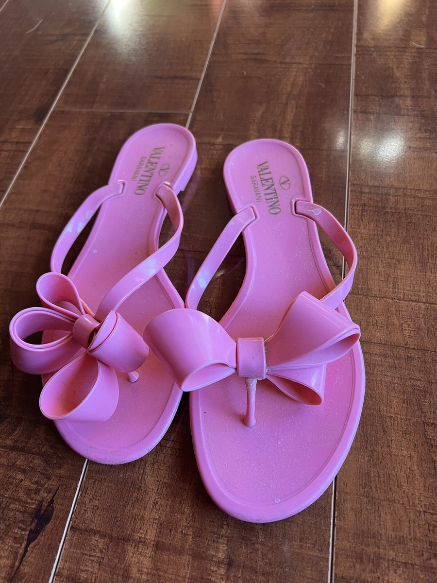 VALENTINO Garavani Pink Bow Slip-On Flat Thong Jelly Sandals