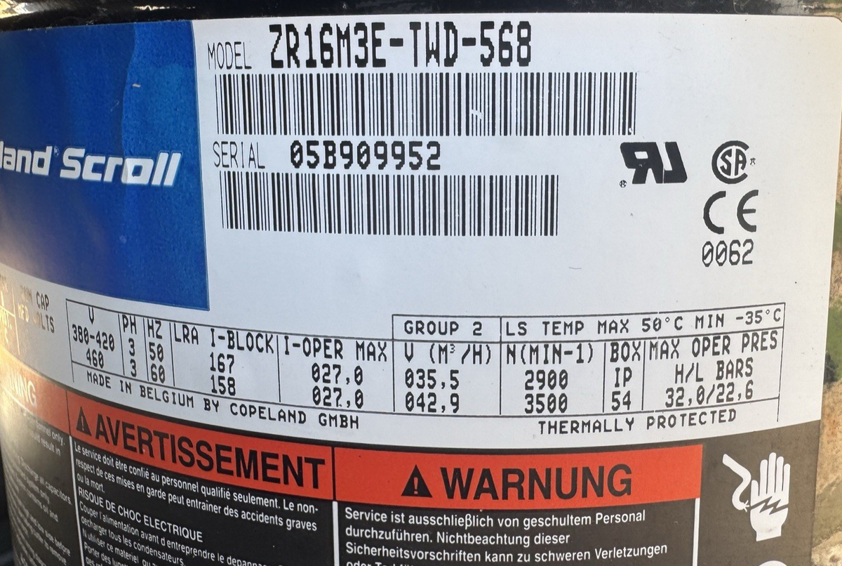 Copeland Scroll ZR16M3-TWD-568 AC Compressor, 13 HP, 460V, 3 PH