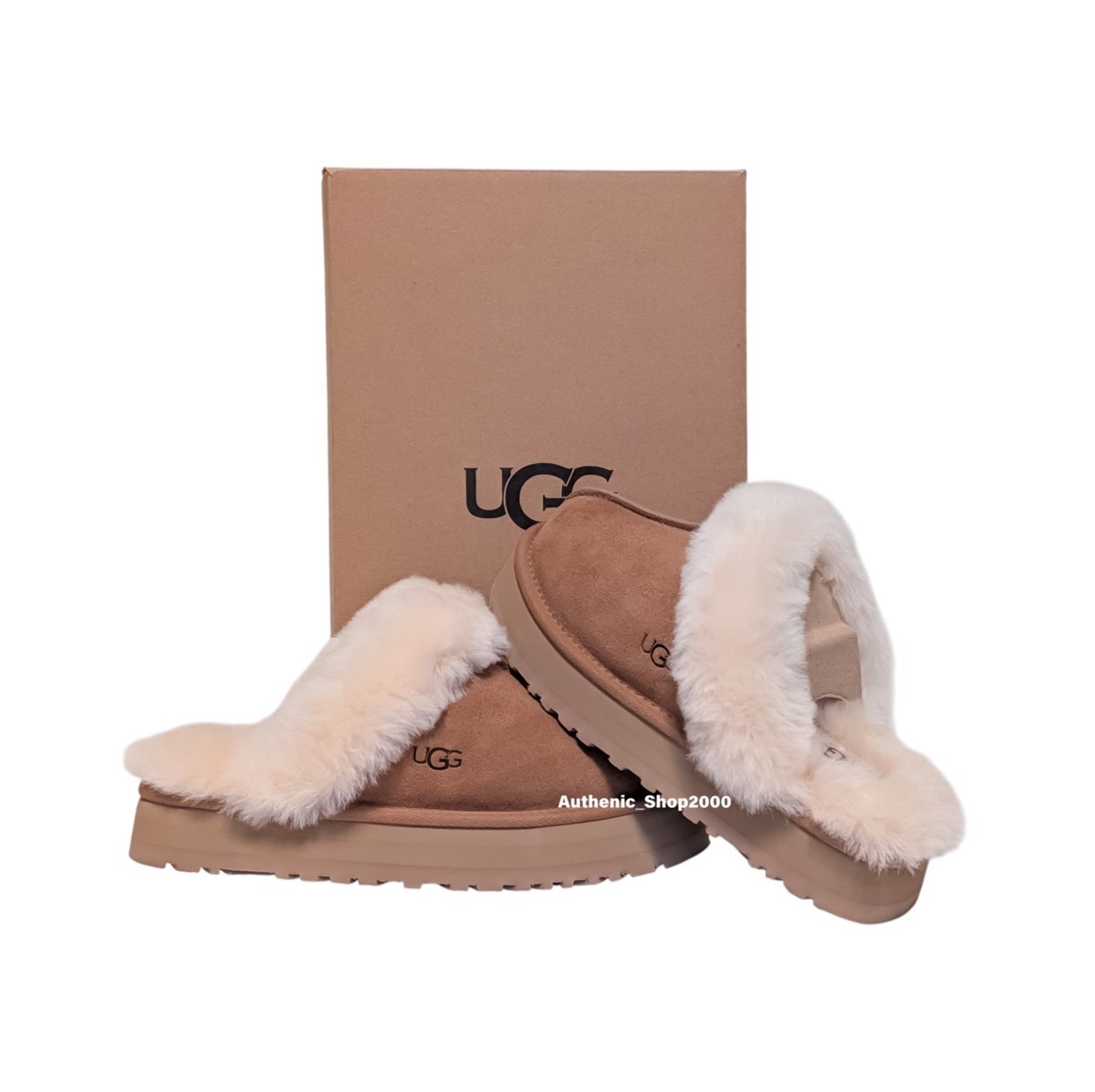 New 100% Authentic UGG Soft Disquette Platform Slippers Chestnut