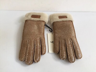 UGG WOMEN TURN CUFF GLOVE METALLIC CHESTNUT SUEDE SHEARLING GLOVES