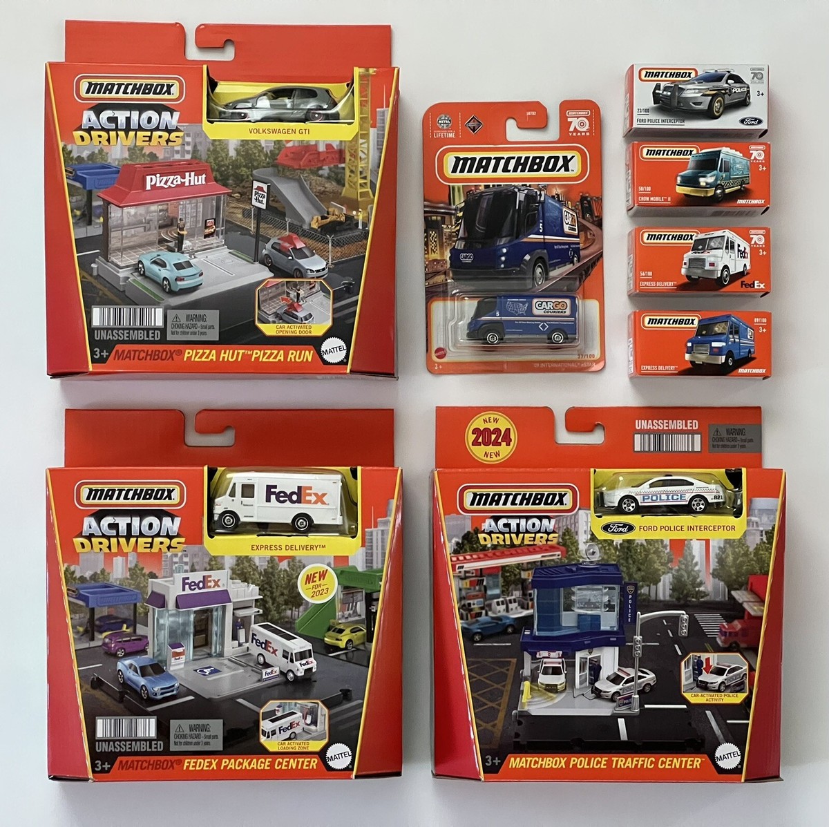 Matchbox Action Drivers Bundle ,Pizza Hut, Police Center, Fed Ex